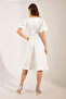 Women's White Balloon Sleeve Stone Belted Mini Satin Evening Dress - 5