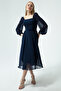 Women's Navy Blue Square Collar Belted Midi Chiffon Evening Dress - 4