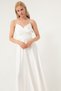 Women's White Rope Strap Waist Belted Satin Midi Evening Dress & Graduation Dress - 3