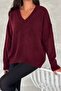 Women's Burgundy V-Neck Standard Size Oversize Basic Knitwear Sweater - 3
