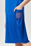Women's Large Size Blue Dress with Pocket and Sleeve Mesh Detail - 5