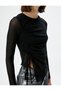 Tulle T-Shirt Asymmetrical Cut Drape Detailed Long Sleeve Crew Neck - 5