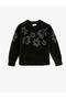 Plush Sweater with Floral Pattern, Long Sleeves, Crew Neck