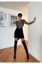 Women's Black Imported Fabric Leopard Pattern Belted Bottom Suede Lined Design Our Dress