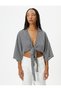 Oversize Crop Kimono Blouse Double Breasted Wide 3/4 Sleeve Goose Feet Patterned Tie Detail - 3