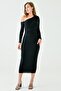 Women's Black Stretch Fabric Buttoned Shoulder Design Long Sleeve Midi Dress 4423 - 7