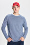 Men's Indigo-ecru Standard Fit Regular Cut Crew Neck Cotton Muline Patterned Knitwear Sweater