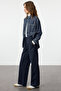 High Waist Navy Blue Wide Leg Pants - Elastic, Twoaw25Je00243 - 2