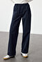 High Waist Navy Blue Wide Leg Pants - Elastic, Twoaw25Je00243 - 3