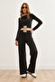 Women's Black Textured Embroidered Bottom Top Draped Suit Tkm- 19000314 - 3