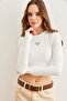 Women's White Heart Embroidered Ribbed Crop Blouse Blz- 19002773 - 4