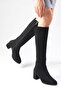 Black Color Suede Side Zipper, Thin Faux Fur Lined Women's Heeled Boots - 5