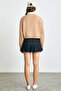 Danbi Women's Crop Knitted Fabric Round Neck Long Sleeve Brown Sweatshirt - 6