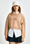 Danbi Women's Crop Knitted Fabric Round Neck Long Sleeve Brown Sweatshirt - 2