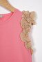 Crew Neck Zero Sleeve Ruffle Shorts Light Pink Dark Beige Color Girls' Double Suit - 2