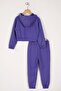 Hooded Long Sleeve Daisy Flowrs Leaf Printed Purple Color Girl's Two-Piece Set - 2