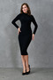 Long Sleeve, Flexible Sandy Fabric, High Collar, Side Ruffle Detail Midi Length Black Dress 10941 - 7