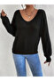 Women's Long Sleeve V-Neck Window Back Lace Detail Thick Ribbed Camisole Blouse - 6
