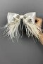 Cream Shiny Rhinestone Feather Bow Hair Clip Accessory - 2