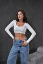 Women's Ecru Open Collar Long Sleeve Ribbed Knitted Crop Blouse 28209 - 4