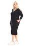 Women's Black Long Sleeve V-Neck Viscose Dress with Striped Collar - 3