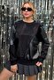 Oversize Loose Cut Leather and Crystal Stone Detailed Plus Size Three Thread Cotton Comfortable Stylish Black Women's Sweatshirt