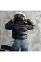 Black Hooded Plush Shiny Bomber Puffer Jacket - 2