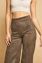 Palazzo High Waist Front Stitched Wide Leg Light Lycra Suede Fabric Trousers - Khaki - 6