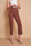 Women's High Waist Stitched Front Epaulette Waist Buttoned Pipe Leg Lycra Fabric Trousers -Tan - 3