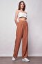 Linen High Waist Elastic Waist Side Pocket Wide Leg Trousers -Camel - 3