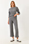 Women's Anthracite Crew Neck Basic Top and Bottom Set 0036 60251871 - 6