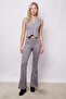 Women's Velvet Lycra Soft Textured High Waist Front and Back Seam Spanish Leg Pants-Grey - 2