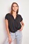 Lycra-Free Stylish Fabric Collared Off-Shoulder Shirt with Pleated Front-Black - 5