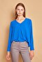 V-Neck Pleated Collar Long Sleeve Lycra-Free Stylish Shirt Fabric Comfortable Cut Blouse-Sax