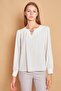Wide Crew Neck Pleated Accessorized Long Sleeve Lycra-Free Stylish Shirt Fabric Relaxed Cut Blouse-Cream