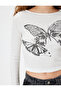 Long Sleeve T-Shirt Wrap Butterfly Printed Crew Neck Slim Fit - 5