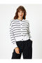 Long Sleeve Cotton Blended Crew Neck Buttoned Striped Cardigan - 3