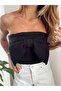 Women's Tweed Fabric Zippered Strapless Bow Detailed Black Bustier - 5