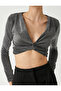 Evening Dress Blouse Crop Silvery Long Sleeve V Neck Gathered - 5
