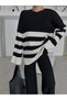 Striped Color-blocked Soft Textured Sweater Trousers Top-bottom Knitwear Winter suit