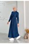Camellia Denim Jeans Fabric Collar Stone Detailed Long Hijab Dress