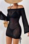 Knitted Side Gathered Long Sleeve Beach Dress Pareo