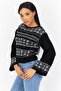 Women Boat Neck Long Sleeve Allover Print Sweater, Black Combo - 2