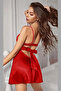 Women's Red Satin Nightdress Strap Stylish Design Tie Back - 2