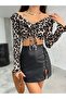 Women's Leopard Print Gathered Front Madonna Collar Flywheel Sleeve Crop Blouse - 8