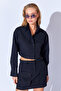 Black Thick Soft Textured Double Pocket Capped Crop Women's Shirt Ek 10009007