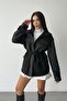 Black Hooded Coat with Drawstring Waist and Pocket Detail - 5