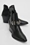 Kenda Black Leather Women's Thick Heeled Boots with Back Zipper and Buckle