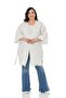 Large Size Bat Sleeve Skirt with Pompom Belted Pocket Lined Navy Blue Striped Kimono on White