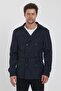 Men's Navy Blue Double-Breasted Collar Belt Detailed Slim Fit Trench Coat - 3
